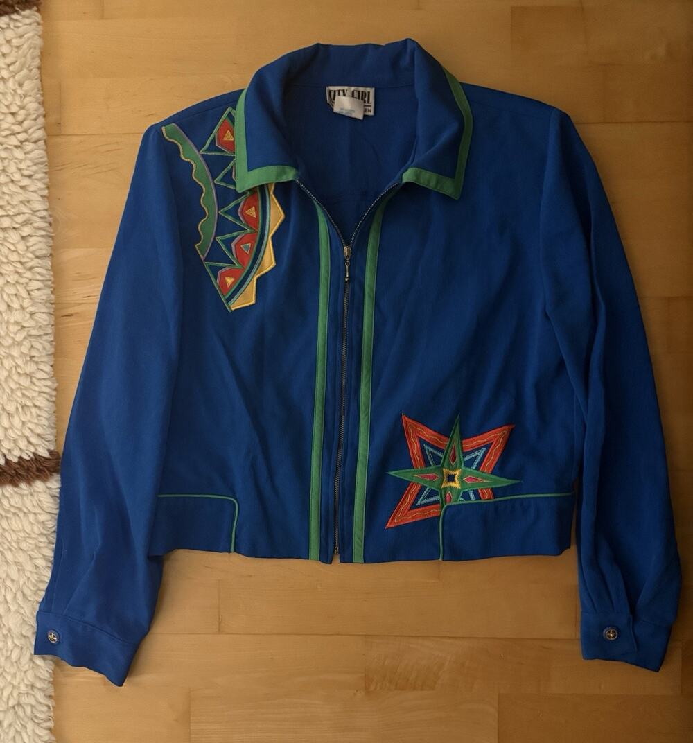 VTG Nancy Bolen City Girl Embroidered Jacket 80s Blue Funky M